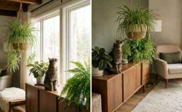 Are Spider Plants Toxic to Cats? Safety, Stomach Upset & How to Stop Chewing Spider plant in a hanging basket near a curious cat with pet-safe houseplant setup