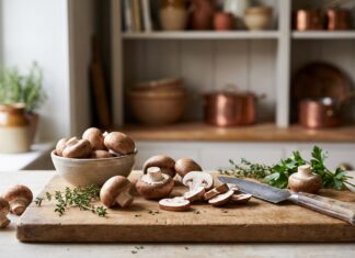 Cremini Mushrooms: What They Are, Taste, Uses & Substitutes Fresh cremini mushrooms on a kitchen cutting board