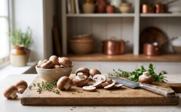 Cremini Mushrooms: What They Are, Taste, Uses & Substitutes Fresh cremini mushrooms on a kitchen cutting board