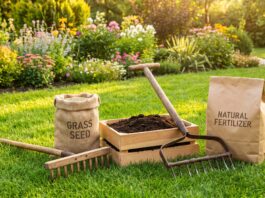 Organic Lawn Care: How to Grow a Healthy Lawn Without Weed and Feed Organic lawn care with green grass, hand tools, compost, grass seed, and natural lawn maintenance supplies