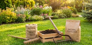 Organic Lawn Care: How to Grow a Healthy Lawn Without Weed and Feedh Organic lawn care with green grass, hand tools, compost, grass seed, and natural lawn maintenance supplies
