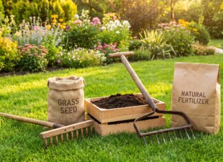 Organic Lawn Care: How to Grow a Healthy Lawn Without Weed and Feedh Organic lawn care with green grass, hand tools, compost, grass seed, and natural lawn maintenance supplies