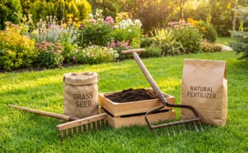 Organic Lawn Care: How to Grow a Healthy Lawn Without Weed and Feed Organic lawn care with green grass, hand tools, compost, grass seed, and natural lawn maintenance supplies