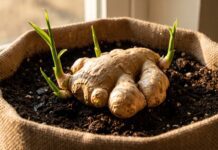 How to Grow Ginger: Easy 5-Step Guide (2026) A fresh ginger rhizome sprouting green shoots in rich, dark potting soil.