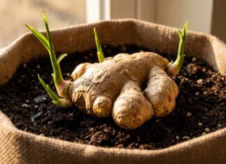 How to Grow Ginger: Easy 5-Step Guide (2026) A fresh ginger rhizome sprouting green shoots in rich, dark potting soil.