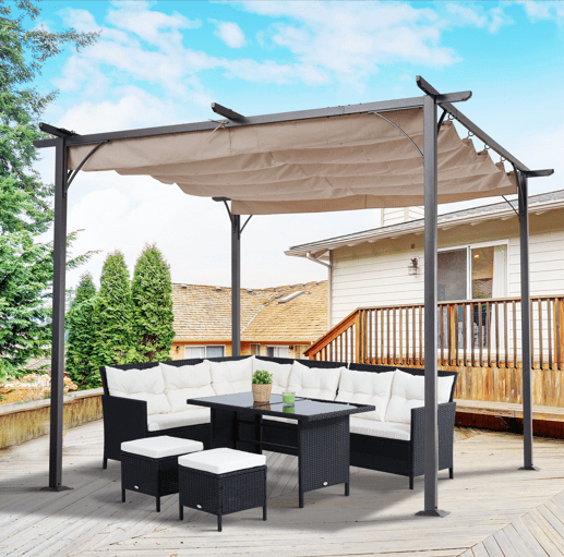 Outsunny 10' Outdoor Pergola Gazebo Garden Retractable Sun Shade Deck Lawn Covered Modern Square Canopy, Beige | Aosom Canada