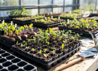 Multisowing Vegetables: Benefits, Best Crops & Seeds Per Module Multi-sown beetroot onion and pea seedlings growing in module trays for vegetable gardening