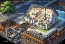 House Drain System Parts and Diagram: A Homeowner’s Guide A detailed 3D cross-section diagram of a residential house drain system showing vent stacks, branch drains, P-traps, and the main sewer line connection.
