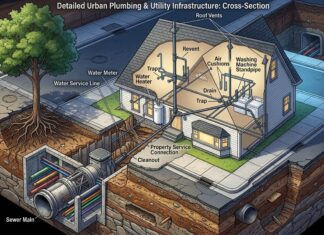 House Drain System Parts and Diagram: A Homeowner’s Guide A detailed 3D cross-section diagram of a residential house drain system showing vent stacks, branch drains, P-traps, and the main sewer line connection.