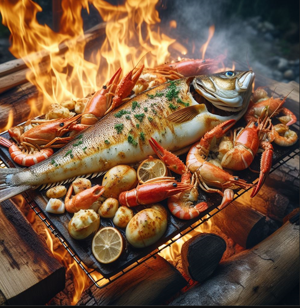 Crab Shrimp Stuffed Sole Cooking Over a Wood Burning Fire Pit