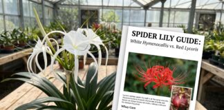 Spider Lily: Meaning, White vs Red Types, Planting and Blooming Tips White tropical spider lily blooming with long spidery petals and glossy green leaves