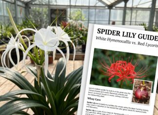 Spider Lily: Meaning, White vs Red Types, Planting and Blooming Tips White tropical spider lily blooming with long spidery petals and glossy green leaves