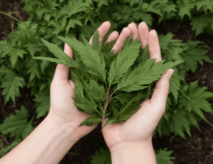 Hands holding freshly harvested Aruncus Dioicus leaves for culinary use