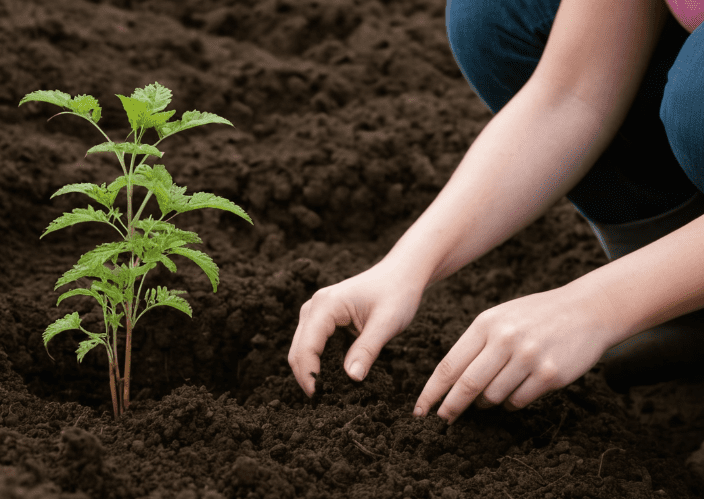 Hands planting Aruncus Dioicus seedlings in rich soil