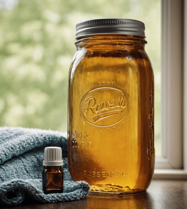 Mason jar filled with homemade laundry booster made with essential oils