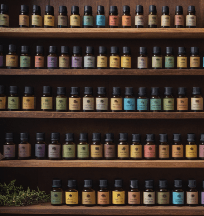 Various bottles of essential oils on a shelf