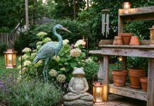 Garden Ornaments: Statues, Solar Lights & Yard Decor Ideas Copper garden ornament, solar lights, stone statue, and backyard decor arranged among flowers and shrubs