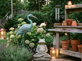 Garden Ornaments: Statues, Solar Lights & Yard Decor Ideas Copper garden ornament, solar lights, stone statue, and backyard decor arranged among flowers and shrubs