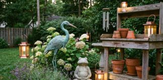 Garden Ornaments: Statues, Solar Lights & Yard Decor Ideas Copper garden ornament, solar lights, stone statue, and backyard decor arranged among flowers and shrubs