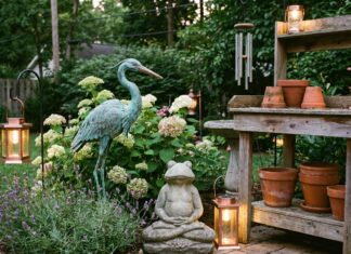 Garden Ornaments: Statues, Solar Lights & Yard Decor Ideas Copper garden ornament, solar lights, stone statue, and backyard decor arranged among flowers and shrubs