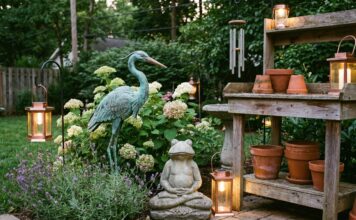 Garden Ornaments: Statues, Solar Lights & Yard Decor Ideas Copper garden ornament, solar lights, stone statue, and backyard decor arranged among flowers and shrubs