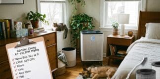 Coway Airmega Mighty Review 2026: Is the AP-1512HH Still Worth It? Coway Airmega AP-1512HH Mighty air purifier running in a bedroom with clean modern decor