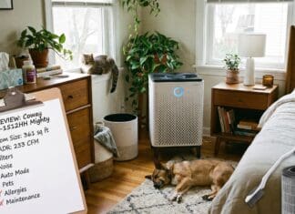 Coway Airmega Mighty Review 2026: Is the AP-1512HH Still Worth It? Coway Airmega AP-1512HH Mighty air purifier running in a bedroom with clean modern decor