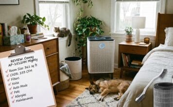 Coway Airmega Mighty Review 2026: Is the AP-1512HH Still Worth It? Coway Airmega AP-1512HH Mighty air purifier running in a bedroom with clean modern decor