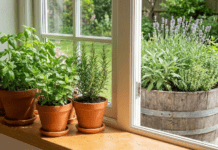 Master the Art of the Herb Garden: From Windowsills to ‘Nunobiki’ Style A lush indoor herb garden on a windowsill next to a rustic outdoor planter