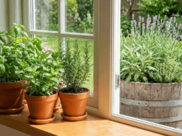 Master the Art of the Herb Garden: From Windowsills to ‘Nunobiki’ Style A lush indoor herb garden on a windowsill next to a rustic outdoor planter