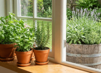 Master the Art of the Herb Garden: From Windowsills to ‘Nunobiki’ Style A lush indoor herb garden on a windowsill next to a rustic outdoor planter