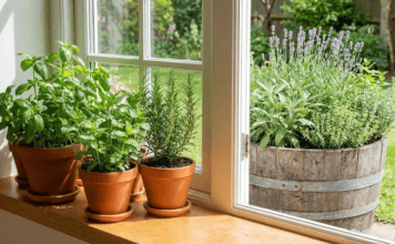 Master the Art of the Herb Garden: From Windowsills to ‘Nunobiki’ Style A lush indoor herb garden on a windowsill next to a rustic outdoor planter