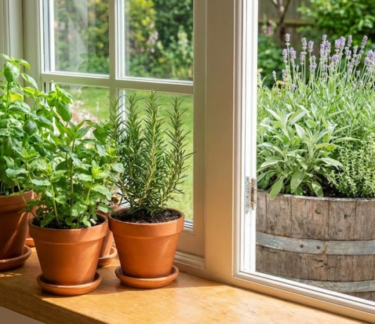 Master the Art of the Herb Garden: From Windowsills to ‘Nunobiki’ Style A lush indoor herb garden on a windowsill next to a rustic outdoor planter