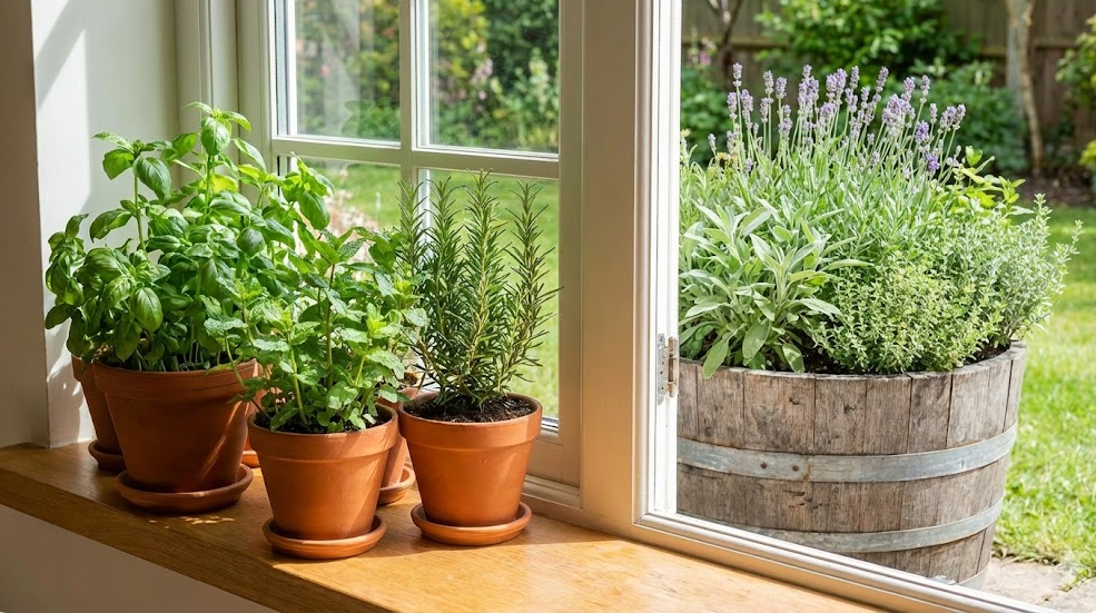 Indoor and Outdoor Herb Garden Guide A lush indoor herb garden on a windowsill next to a rustic outdoor planter