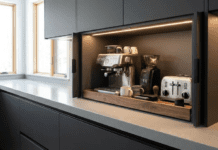 Why You Need a Modern Kitchen Appliance Garage (Styles & Tips) A sleek modern kitchen with an open appliance garage revealing a coffee station and toaster on a pull-out tray