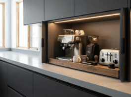 Why You Need a Modern Kitchen Appliance Garage (Styles & Tips) A sleek modern kitchen with an open appliance garage revealing a coffee station and toaster on a pull-out tray