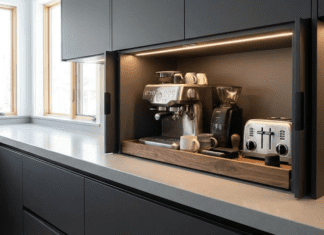 Why You Need a Modern Kitchen Appliance Garage (Styles & Tips) A sleek modern kitchen with an open appliance garage revealing a coffee station and toaster on a pull-out tray