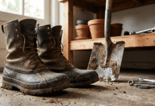 The Ground Game: 7 Gardening Shoes That Survive the Shovel (And The Shop) Heavy-duty muddy gardening boots on a workshop floor next to a steel shovel and wrenches.