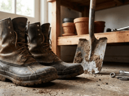 The Ground Game: 7 Gardening Shoes That Survive the Shovel (And The Shop) Heavy-duty muddy gardening boots on a workshop floor next to a steel shovel and wrenches.
