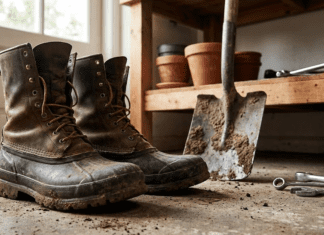 The Ground Game: 7 Gardening Shoes That Survive the Shovel (And The Shop) Heavy-duty muddy gardening boots on a workshop floor next to a steel shovel and wrenches.