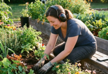10 Best Gardening Audiobooks to Listen to While Weeding (2026) A smiling woman listening to the best gardening audiobooks on headphones while planting in a raised garden bed