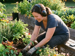 10 Best Gardening Audiobooks to Listen to While Weeding (2026) A smiling woman listening to the best gardening audiobooks on headphones while planting in a raised garden bed