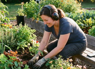 10 Best Gardening Audiobooks to Listen to While Weeding (2026) A smiling woman listening to the best gardening audiobooks on headphones while planting in a raised garden bed