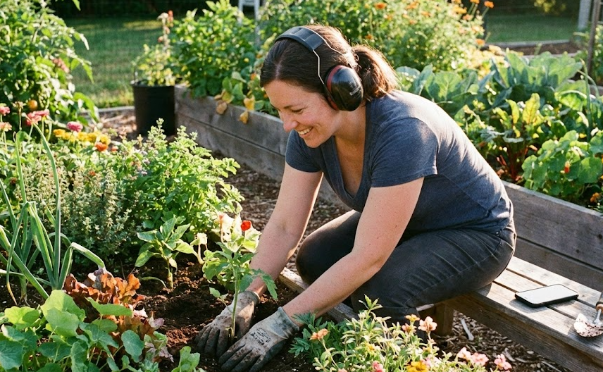 Woman wearing noise-canceling headphones listening to an audiobook while working in a vegetable garden A smiling woman listening to the best gardening audiobooks on headphones while planting in a raised garden bed