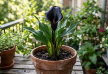Black Calla Lily: Everything You Need to Know About This Goth Beauty A dynamic black calla lily flower blooming in a pot