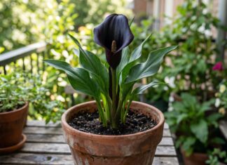 Black Calla Lily: Everything You Need to Know About This Goth Beauty A dynamic black calla lily flower blooming in a pot