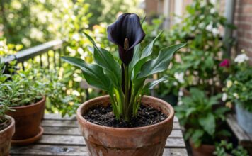 Black Calla Lily: Everything You Need to Know About This Goth Beauty A dynamic black calla lily flower blooming in a pot