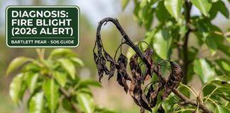 Why Are My Bartlett Pear Leaves Turning Black? (2026 Fire Blight Guide) Bartlett pear branch with severe Fire Blight symptoms, showing blackened leaves and a hooked tip in a spring orchard (2026 SOS Guide).