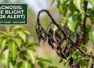 Why Are My Bartlett Pear Leaves Turning Black? (2026 Fire Blight Guide) Bartlett pear branch with severe Fire Blight symptoms, showing blackened leaves and a hooked tip in a spring orchard (2026 SOS Guide).