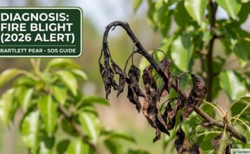 Why Are My Bartlett Pear Leaves Turning Black? (2026 Fire Blight Guide) Bartlett pear branch with severe Fire Blight symptoms, showing blackened leaves and a hooked tip in a spring orchard (2026 SOS Guide).